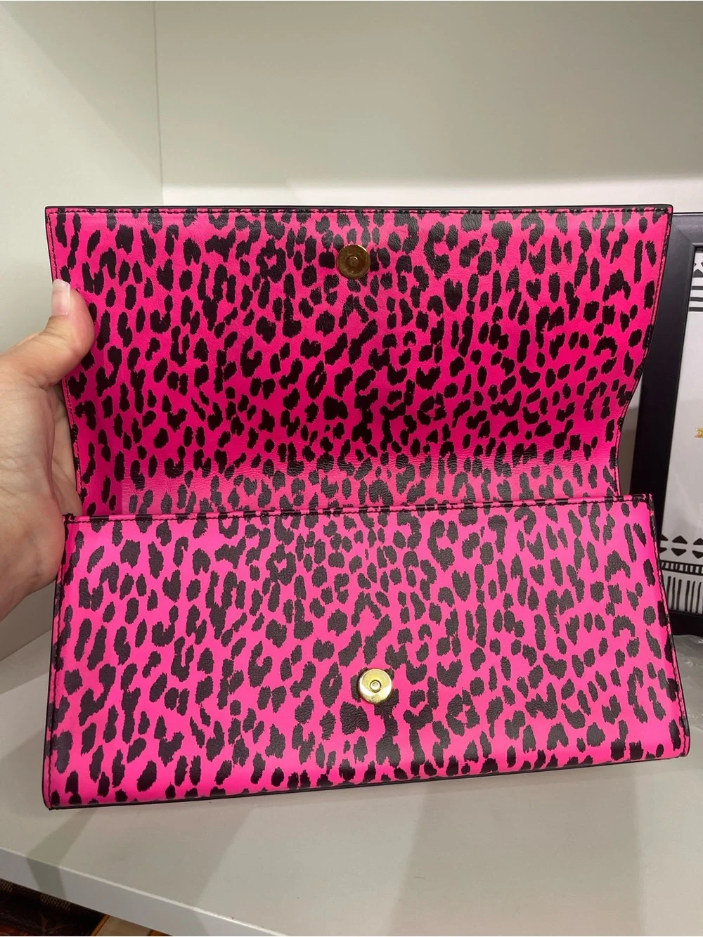 Saint Laurent Hot Pink and Black Leopard-Print YSL Clutch - Picture 6 of 7